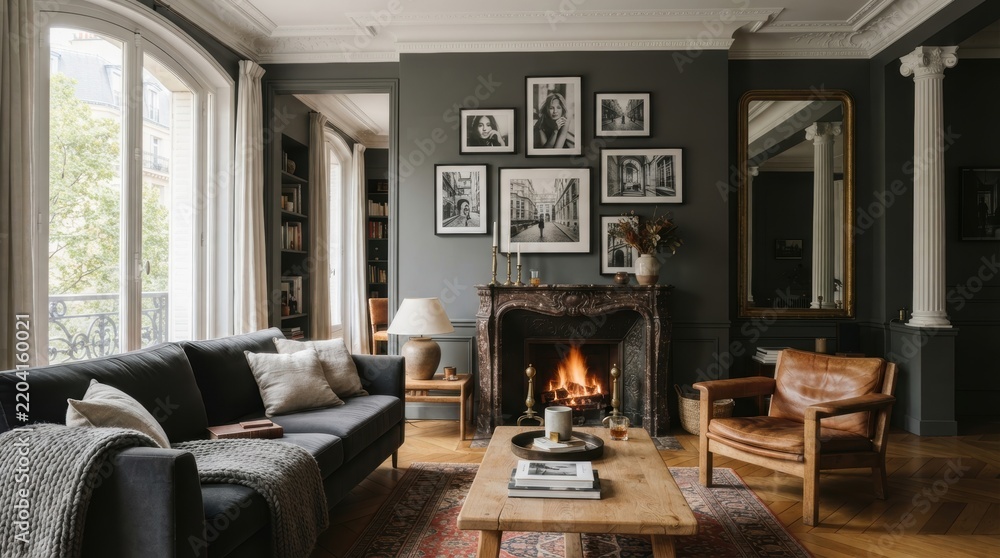Obraz premium Cozy Parisian Living Room: A warm and inviting living space featuring a plush sofa, a crackling fireplace, and a collection of art adorning the walls.