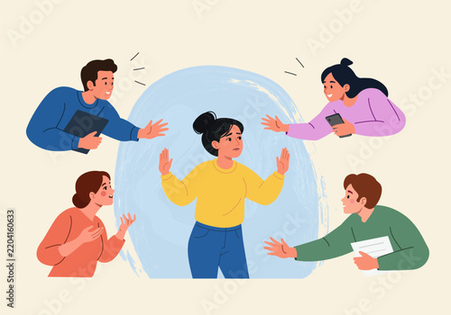 Woman setting boundaries while others make demands. Flat style cartoon vector.