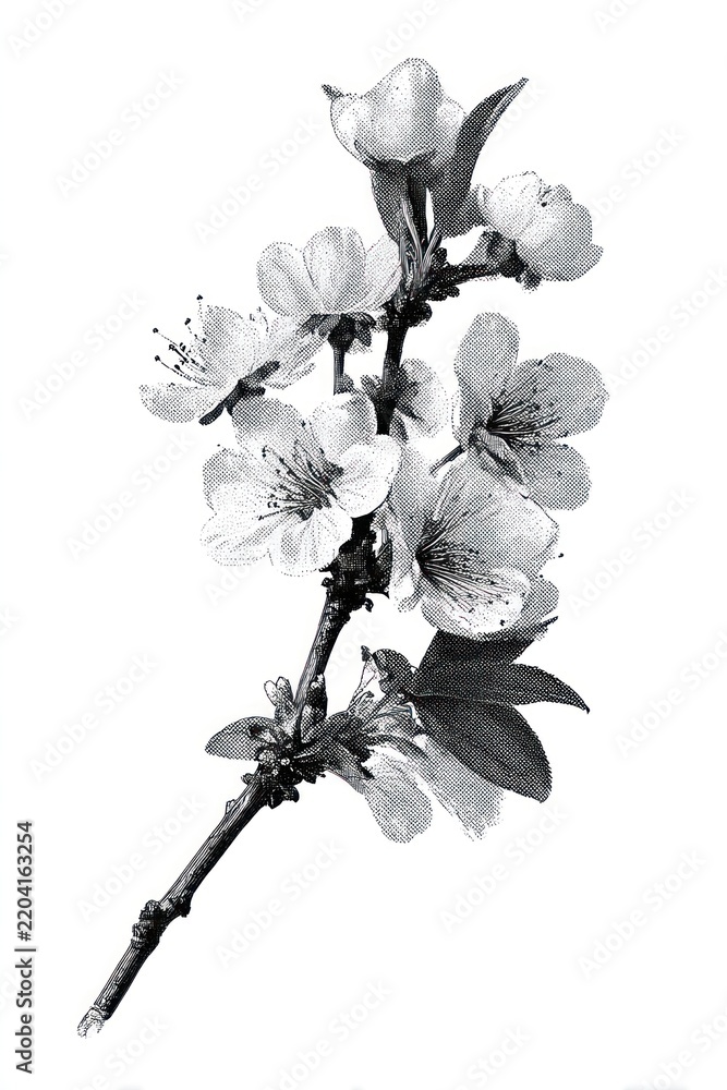 Obraz premium Vintage cherry blossom illustration in black and white.
