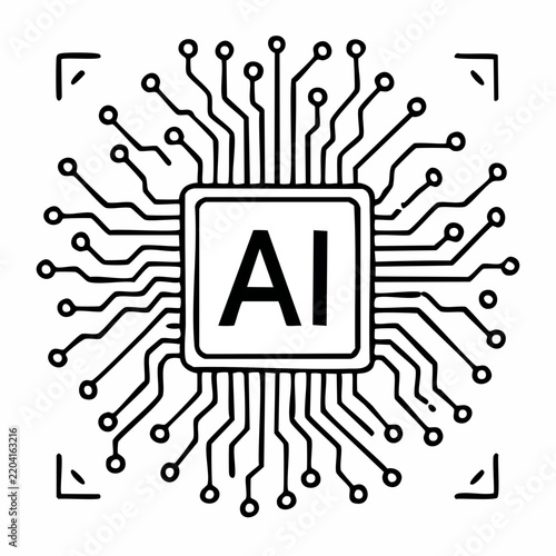 AI Microchip with Digital Circuit Connections – Artificial Intelligence Technology Vector Illustration