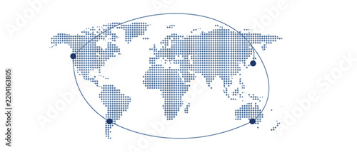 Dotted World Map with Global Connection Route Vector, Blue Halftone Continents and Network Line for Business Design
