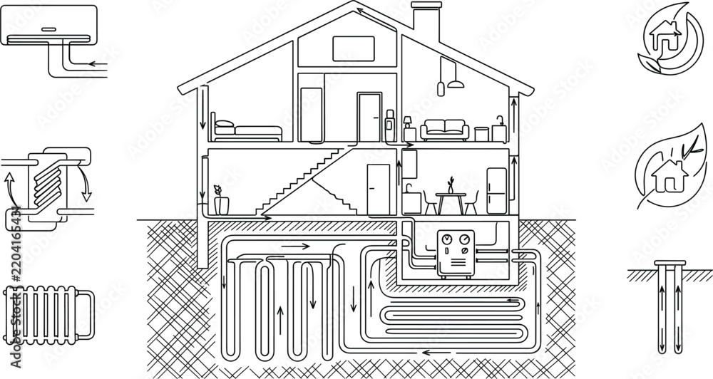 Fototapeta premium Geothermal Heat Pump System Infographic Vector Set with House Cross Section Heating Ventilation Air Conditioning Diagrams and Eco Friendly Energy Icons
