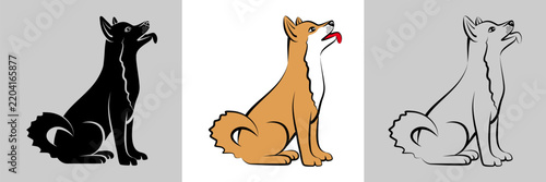 3 Versions d’un chien assis de profil, dessinée en silhouette noire, en couleur et en contour filaire - un animal correspondant à 1 des 12 signes des l’astrologie chinoise.

