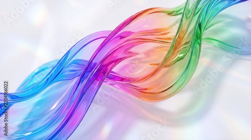 Abstract flowing ribbon of rainbow colors on a white background with color splash