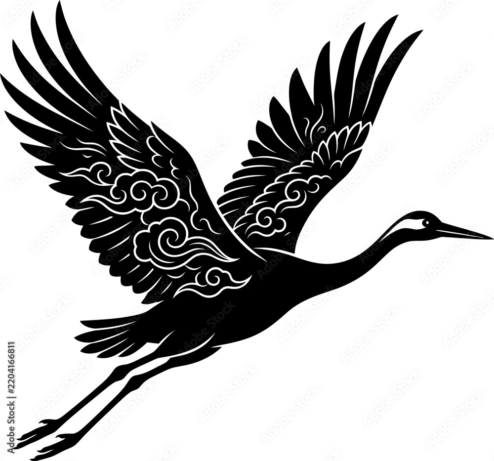 Fototapeta premium Crane Bird Flying Vector Illustration with Ornamental Pattern