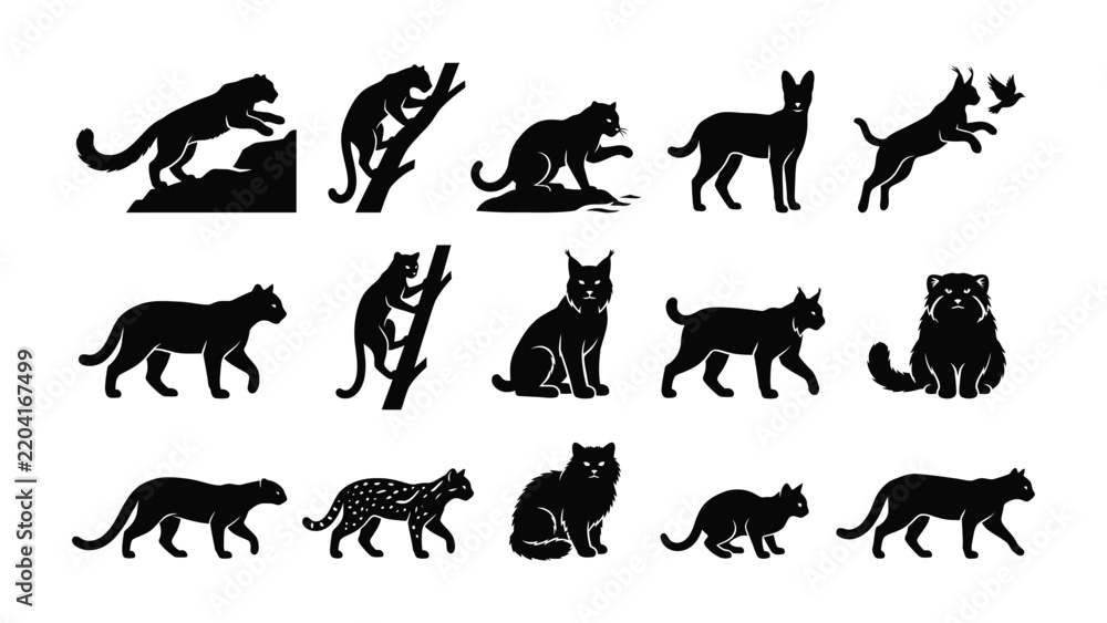 Fototapeta premium Collection of Cat Silhouettes: A striking collection of black silhouettes showcasing various feline species in dynamic poses, from stalking predators to playful companions.