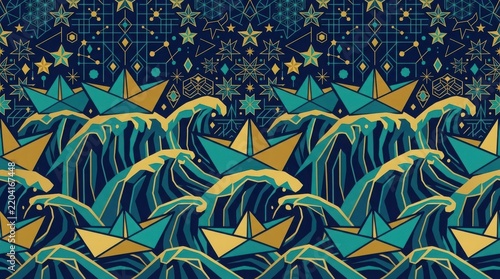 Colorful geometric mountain range with starry night sky background