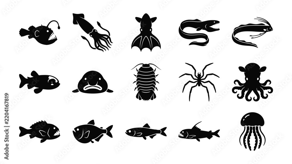 Obraz premium Deep Sea Creatures Collection: A comprehensive set of black icons depicting various marine life, from anglerfish and squid to octopus and jellyfish.