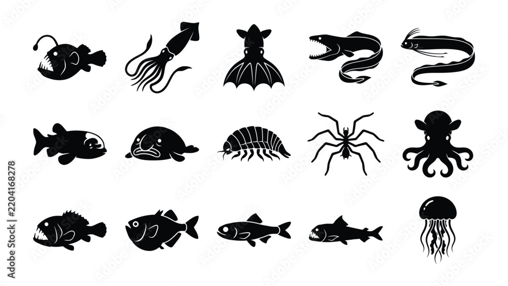 Obraz premium Marine Life Icons: A collection of stylized, black and white icons representing diverse marine creatures, including fish, octopus, jellyfish, and squid, set against a plain background.