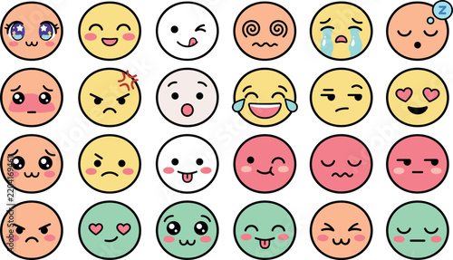 Cute Kawaii Emoji Sticker Pack with Colorful Round Character Avatars Showing Various Facial Expressions and Emotions for Digital Planner and Chat App Designs