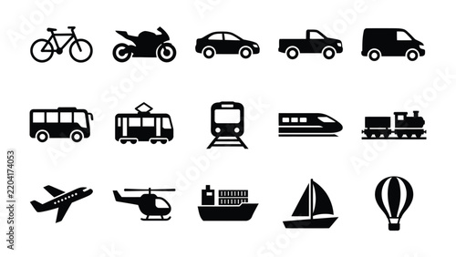Diverse Transport Icons: A collection of black and white silhouette icons representing various modes of transportation, including bicycle, motorcycle, car, truck, van, bus, tram, train, airplane.