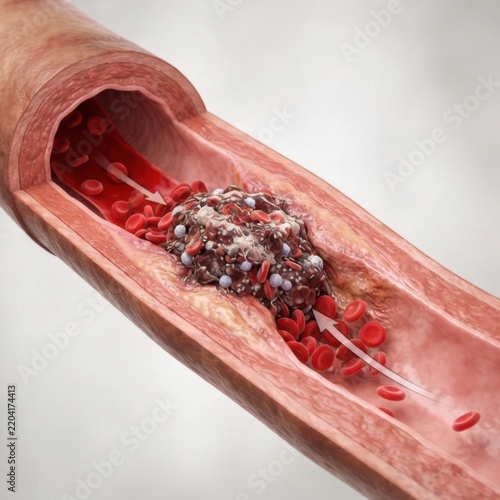 Medical 3D illustration of artery blood clot and thrombosis. Cardiovascular disease and stroke risk