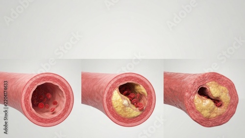 Three stage progression of atherosclerosis in artery. Plaque buildup and stenosis medical illustration