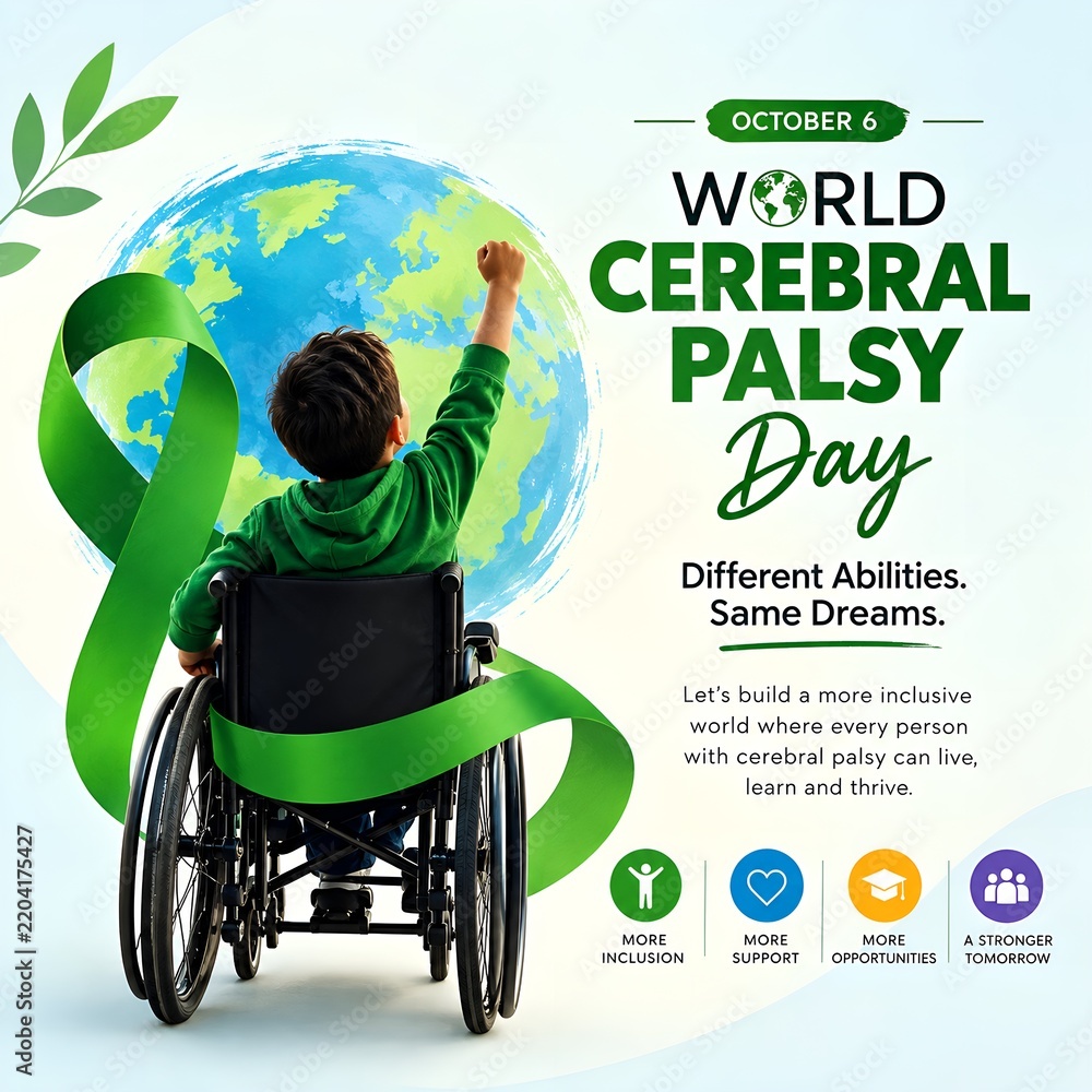Fototapeta premium Child in wheelchair raising hand on world cerebral palsy day