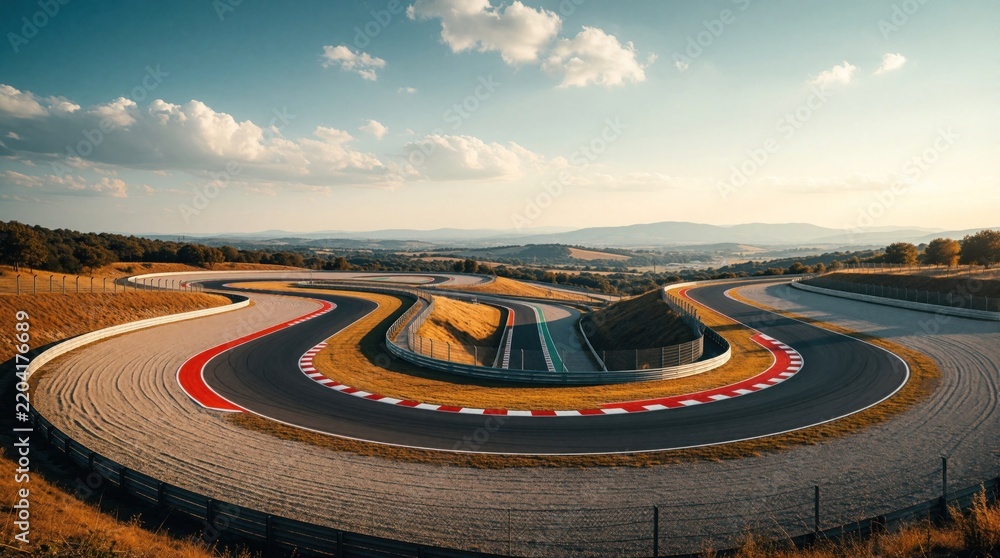 Obraz premium Panoramic view of empty Formula 1 racing circuit under blue sky. Winding asphalt track with red, white curbs curves through scenic landscape. Professional motorsport course features smooth surface,