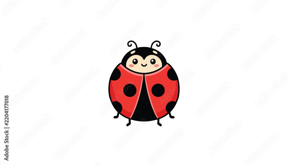 Fototapeta premium Cute cartoon ladybug illustration with a smiling face and red wings with black spots, isolated on a white background.