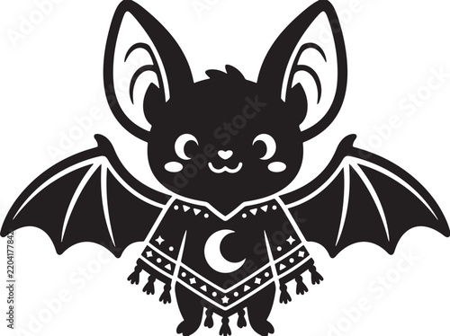 Cute Little Bat Wearing Crescent Moon Poncho Halloween Silhouette Vector Illustration