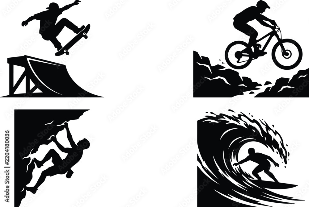 Fototapeta premium Extreme sports solid black silhouette vector element set featuring skateboarding on ramp mountain biking rock climbing and surfing a massive wave