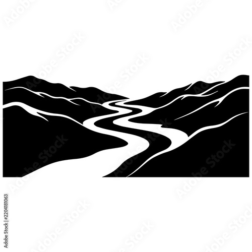 Minimalist black and white vector illustration of river winding through mountain terrain for editorial and branding use