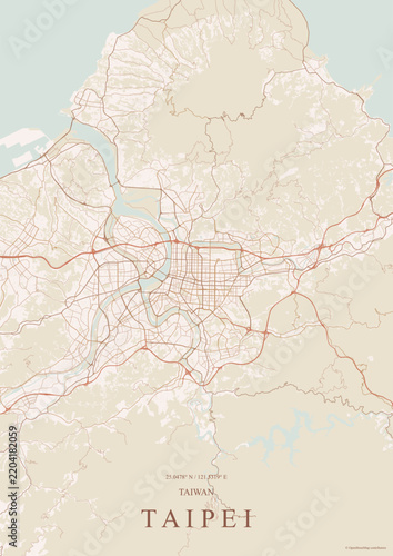 Detailed street map poster of Taipei, Taiwan, featuring the urban grid layout, Tamsui River and Keelung River paths, surrounding mountain terrain, geographic coordinates, and a warm minimalist beige