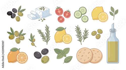 Mediterranean food ingredients collection including olives