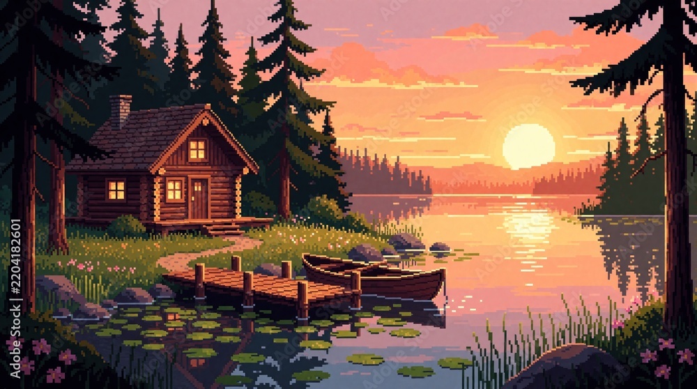 Obraz premium Pixel art illustration of cozy wooden cabin by calm lake at sunset. Small boat floats near wooden pier among lily pads. Pine forest, mountains under orange sky. Peaceful nature landscape with warm