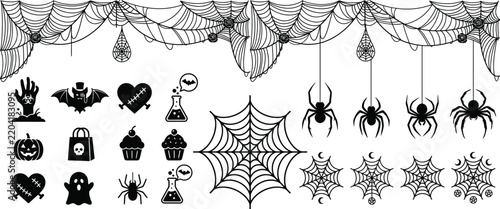 Halloween Black Silhouette Icon Set with Bats, Spiders and Skulls