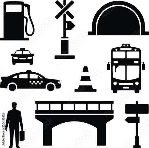 Black and white city transportation icons set featuring vehicles, infrastructure and pedestrian elements