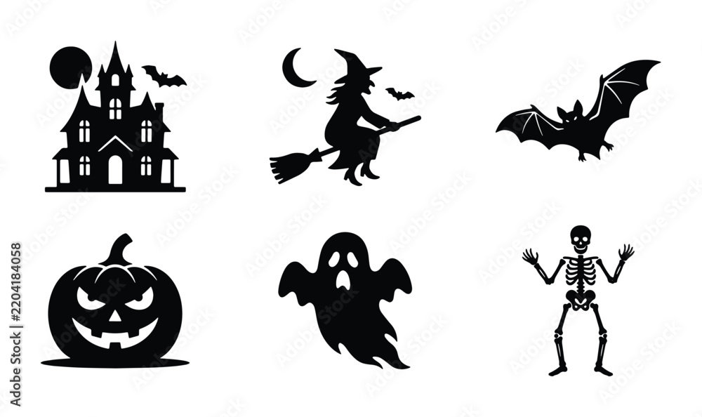 Fototapeta premium Halloween Icons Set: Spooky Haunted House, Witch Flying, Bat, Pumpkin, Ghost, Skeleton Vector Graphics