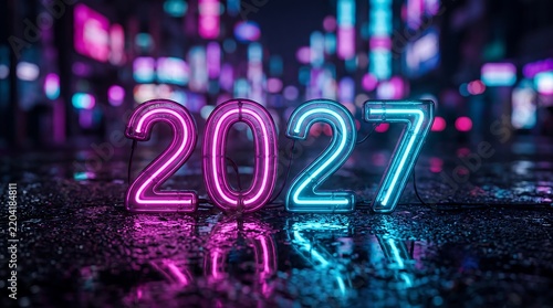 Glowing pink and blue neon sign numbers forming the year 2027 resting on a wet street pavement at night with reflections and blurred city lights in the background.