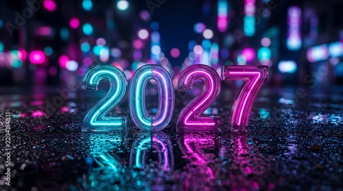Glowing pink and blue neon sign numbers forming the year 2027 resting on a wet street pavement at night with reflections and blurred city lights in the background.