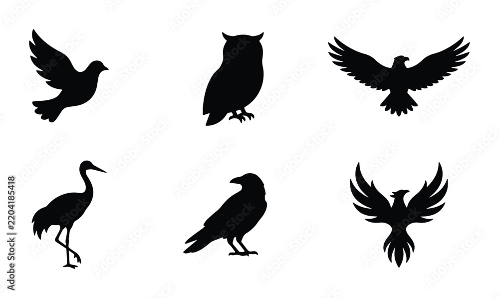 Fototapeta premium Diverse Bird Silhouettes Collection: Owl, Eagle, Dove, Crane, Raven, Phoenix Icons for Graphic Design