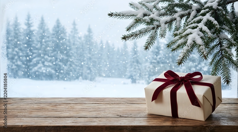 Obraz premium Wooden table surface covered with fresh white snow against a blurred winter forest background scene. Christmas holidays scenic background