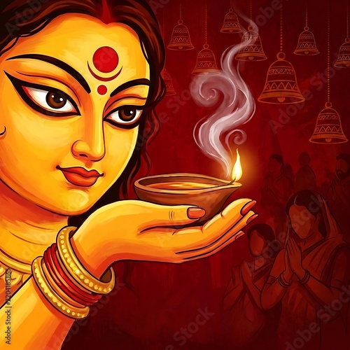 Goddess durga offering oil lamp during durga puja festival