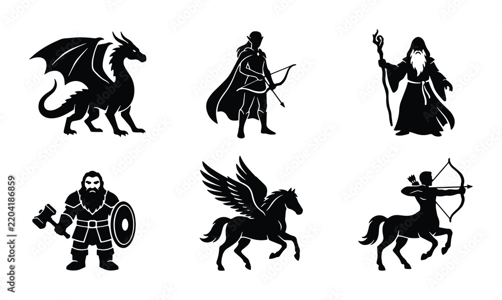 Fototapeta premium Fantasy Creature Icons Set: Dragon, Archer, Wizard, Dwarf, Pegasus, Centaur Vector Graphics
