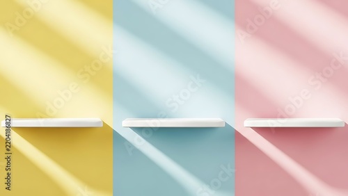 Three colorful display shelves with shadows