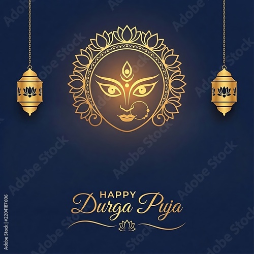 Happy durga puja greeting card with golden goddess face