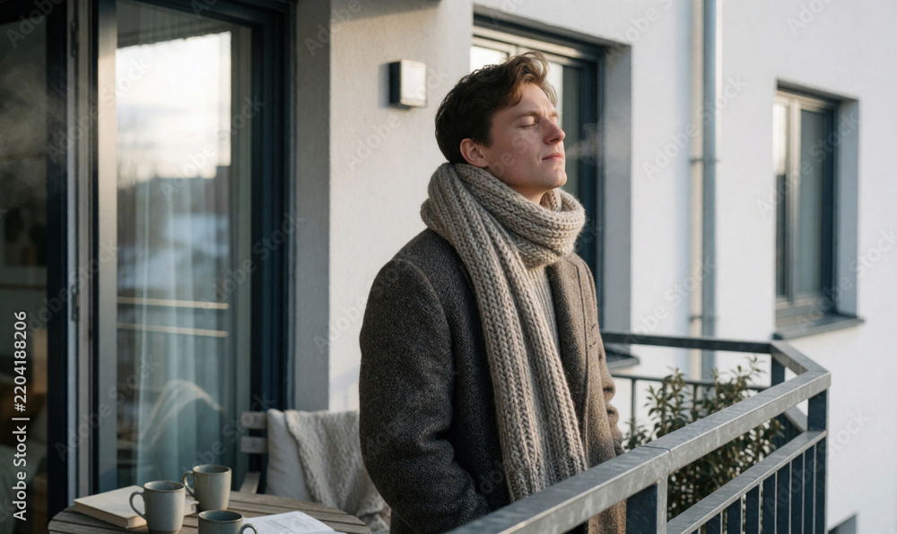 Fototapeta premium Peaceful young man stands on apartment balcony in cold winter morning. Closes eyes, breathes fresh air. Visible steam from breath shows chill temperature. Relaxed male enjoys quiet moment of
