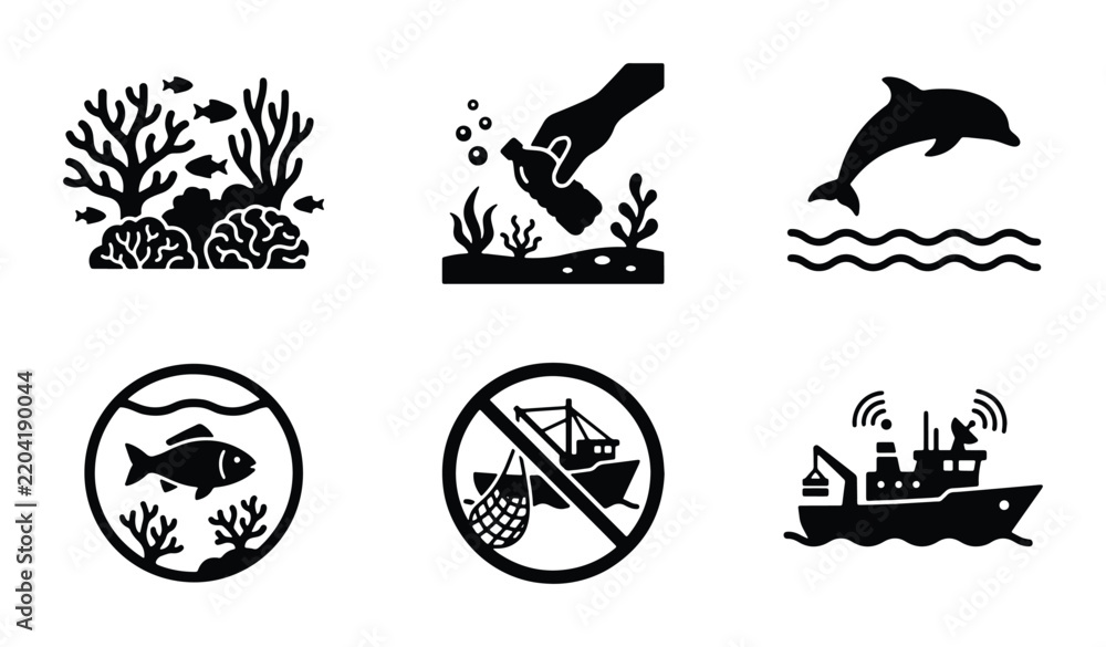 Fototapeta premium Ocean Conservation Icons: Marine Life, Pollution, Fishing Ban, Research Vessel Vector Set