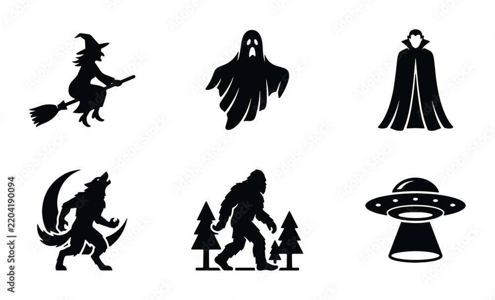 Fototapeta premium Spooky Halloween Icons Set: Witch, Ghost, Vampire, Werewolf, Bigfoot, UFO Silhouettes for Spooky Designs