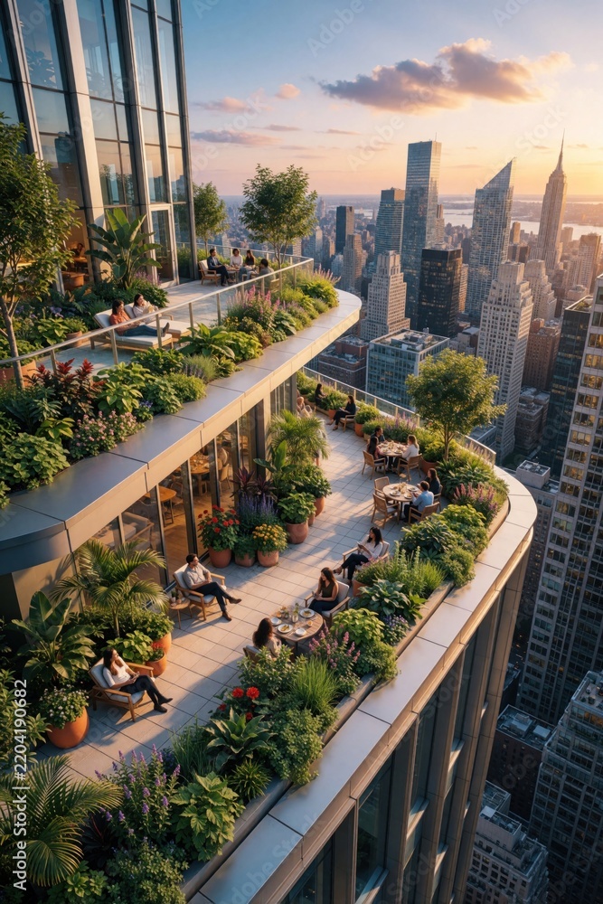 Obraz premium Urban rooftop garden on modern skyscraper with city skyline view at sunset. Happy people relax, dine, socialize on outdoor terrace among green plants, trees. Luxury apartment building amenity