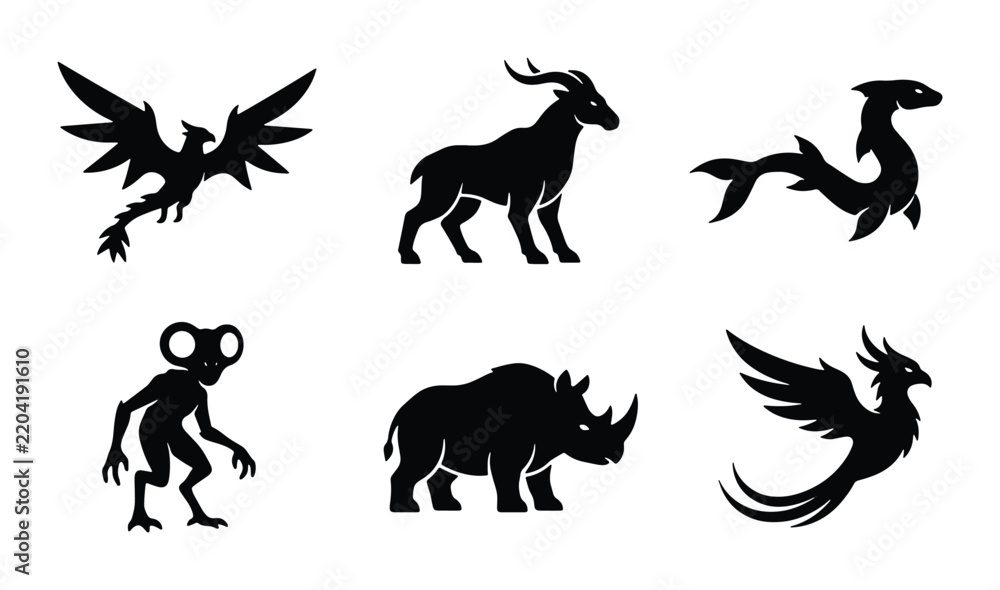 Obraz premium Mythical Creatures Silhouette Set: Phoenix, Dragon, Alien, Goat, Rhinoceros, Sea Monster Icons
