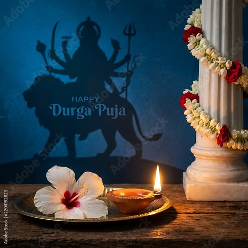 Happy durga puja greeting with diya and flower