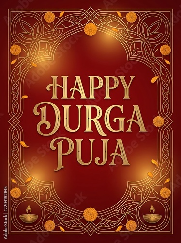 Happy durga puja vintage poster with ornate gold frame