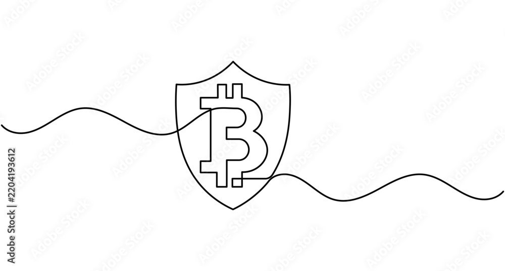 Obraz premium Bitcoin continuous one line drawing in shield minimalist cryptocurrency security symbol editable stroke vector illustration