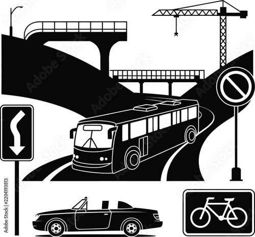 Double-decker bus traveling under highway overpass with road signs and convertible car clipart
