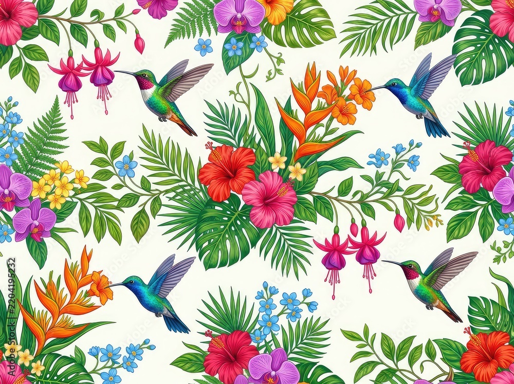 Obraz premium Seamless pattern with hummingbirds and vibrant flowers. Floral wallpaper with flying birds, tropical leaves, and blossoms in high resolution, wing, botanical, watercolor