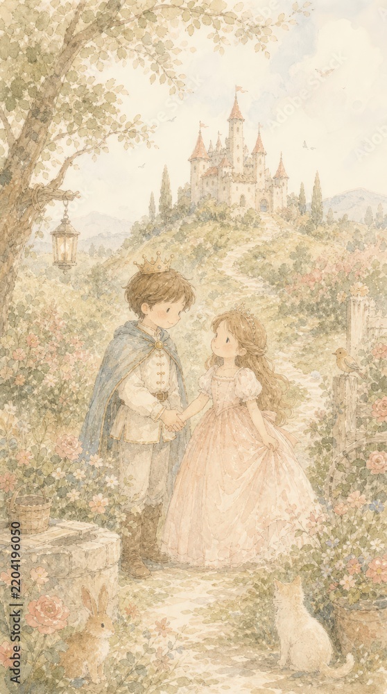Obraz premium Whimsical fairytale scene with a prince and princess, ideal for mobile wallpaper.