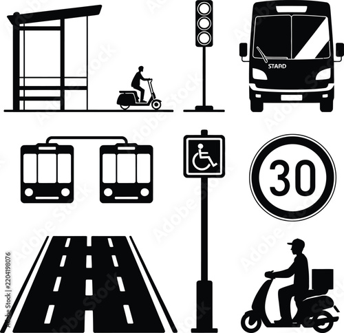 Flat design urban transportation icons featuring scooter rider, tram, bus, and road signs on transparent background