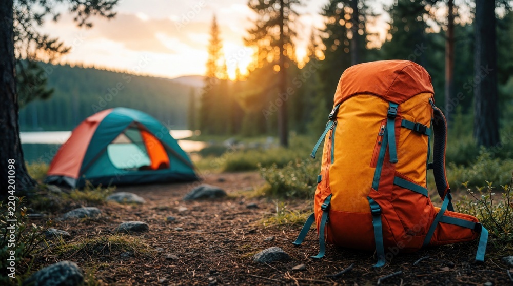 Obraz premium Colorful hiking backpack sits on forest ground near camping tent. Outdoor gear ready for mountain trek at sunset. Active traveler prepare for wilderness adventure trip in pine woodland by calm lake.